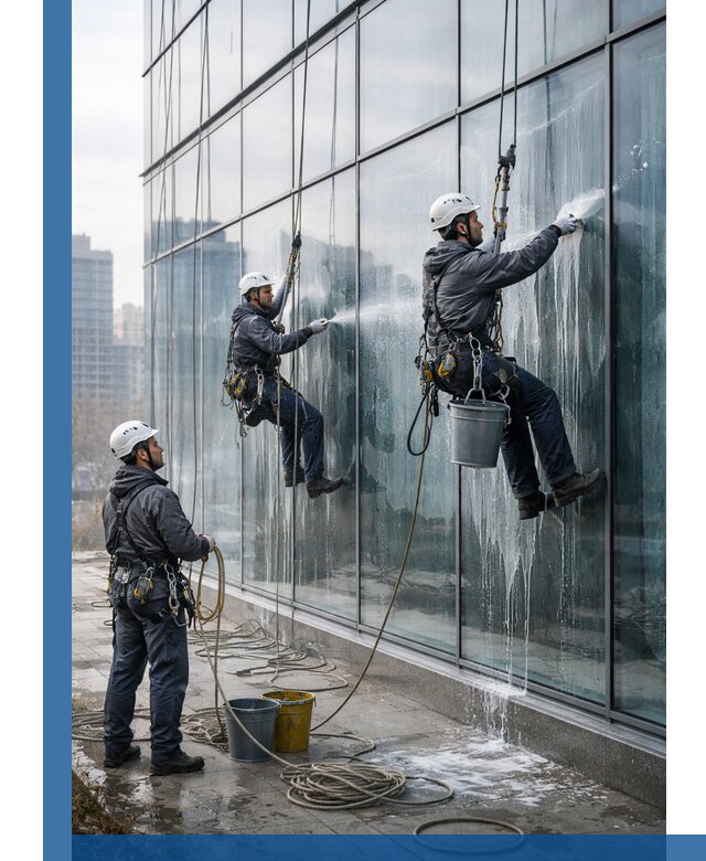 Промышленная мойка панорамных окон на высоте в Ельце