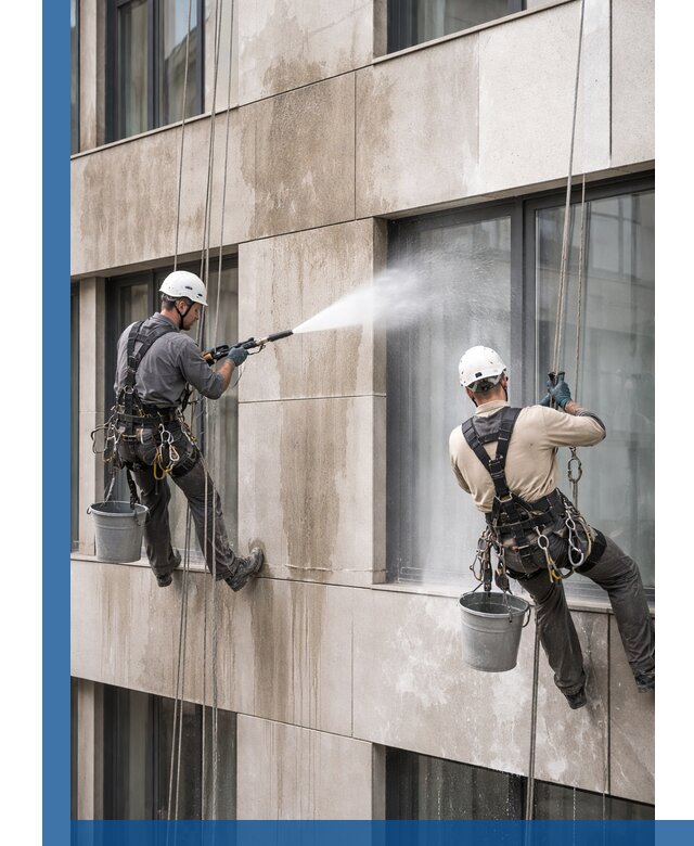 Послестроительная мойка фасада промышленным альпинизмом в Ельце