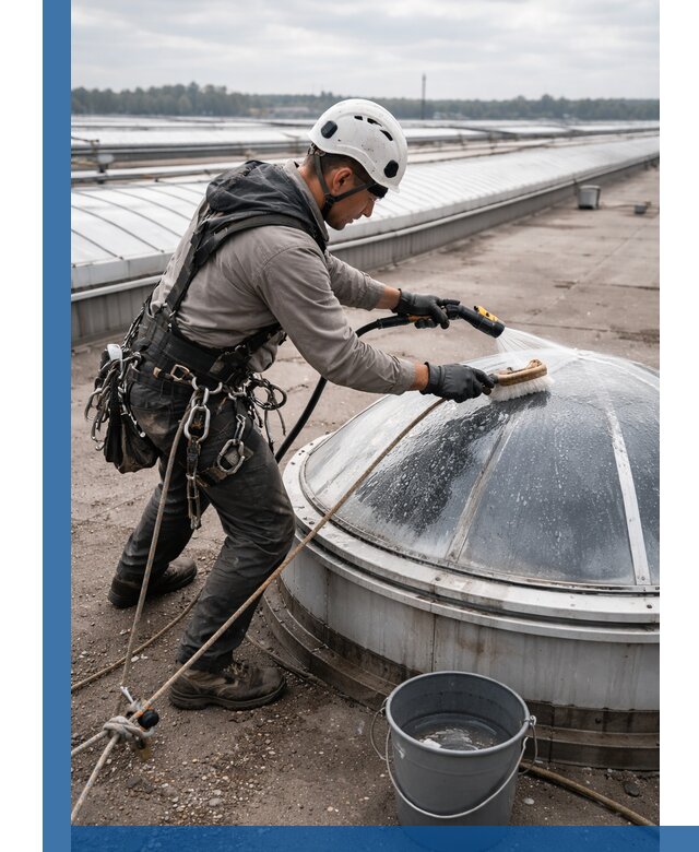 Мойка зенитных фонарей на кровле для промышленных объектов в Ельце