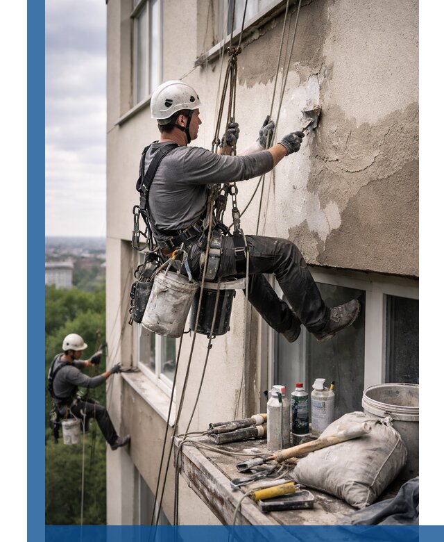 Косметический ремонт фасада зданий в Ельце промышленными альпинистами