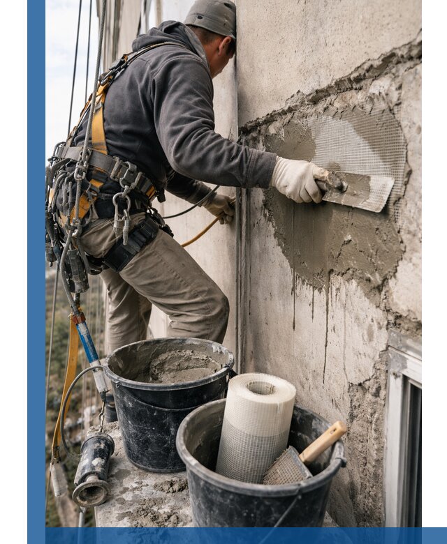 Ремонт бетонных элементов фасада промышленными альпинистами в Ельце