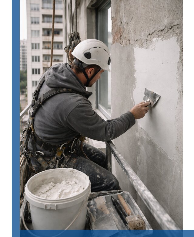 Шпаклевка фасадов на высоте с промальпинистами в Ельце