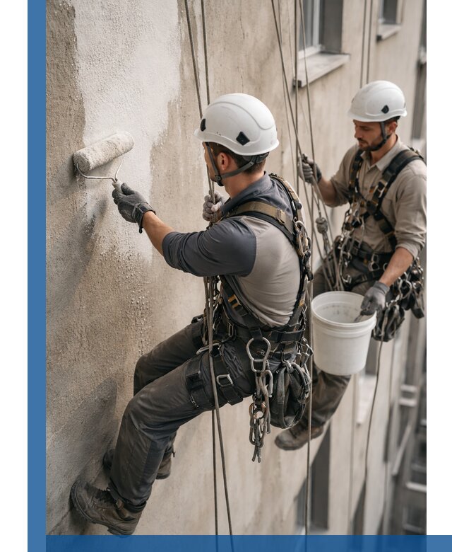 Грунтовка фасада на высоте в Ельце промышленными альпинистами