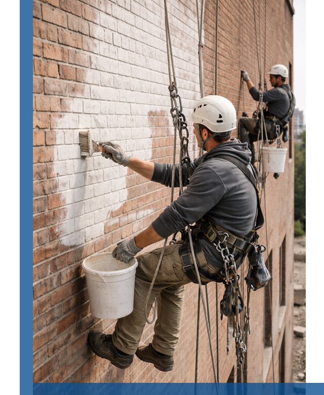 Покраска кирпичного фасада с доступным альпинистским сервисом в Ельце