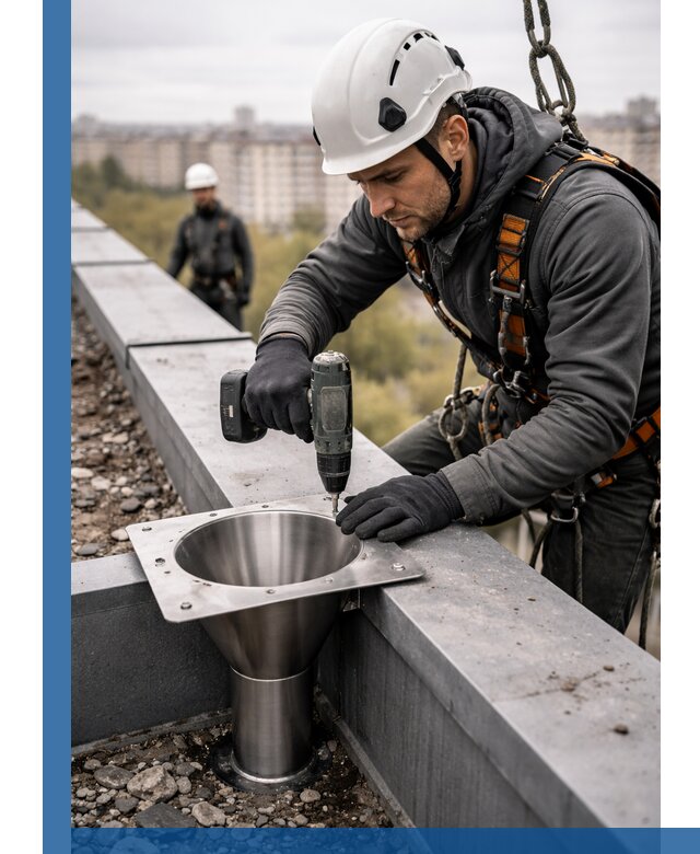 Монтаж водосточных воронок в Ельце для промышленных зданий