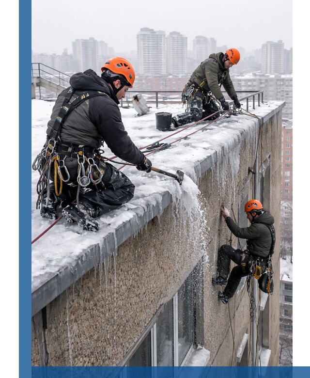 Удаление наледи с кровли в Ельце промышленными альпинистами