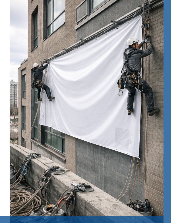 Монтаж баннеров на фасаде в Ельце от 667 р. заказать ВЫСОТНИК-Елц