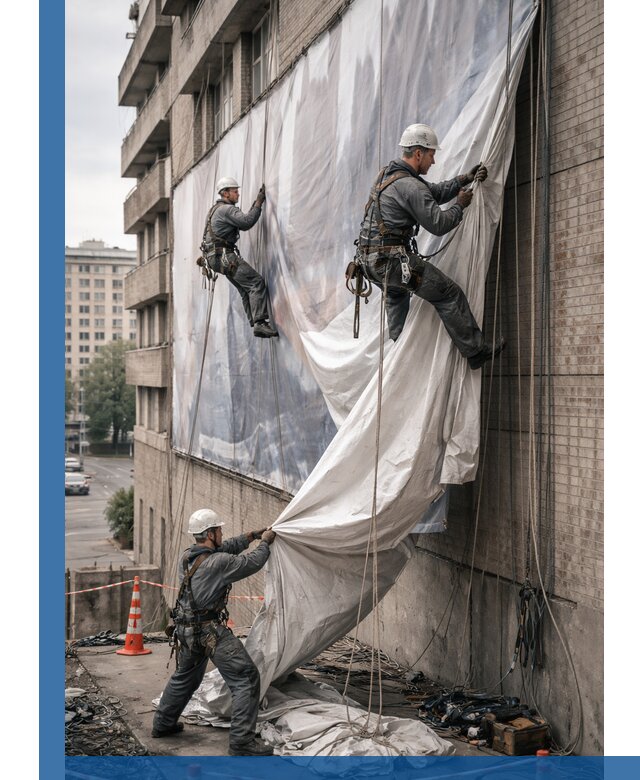 Демонтаж баннеров с фасада в Ельце оперативно и безопасно