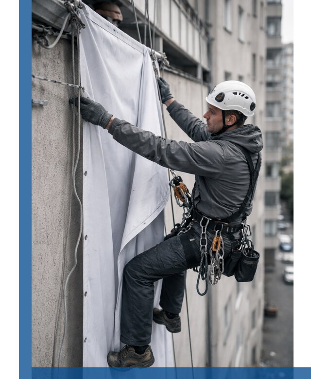 Замена баннерного полотна промышленными альпинистами в Ельце