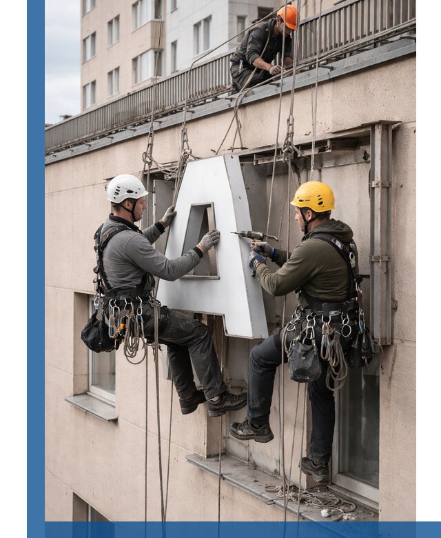 Ремонт и восстановление наружных вывесок на высоте в Ельце