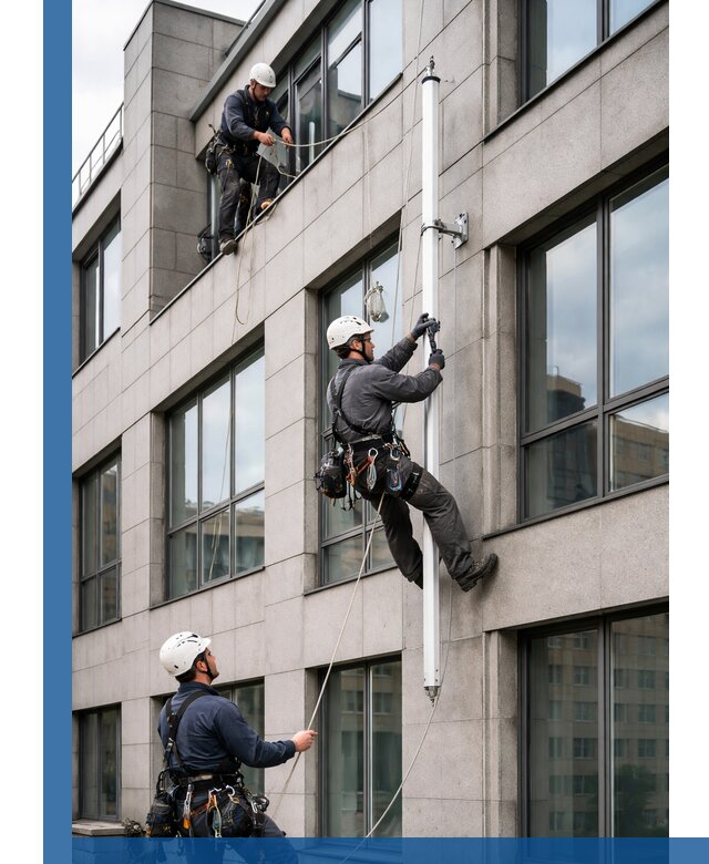 Монтаж флагштока на фасаде здания с креплением и герметикой в Ельце