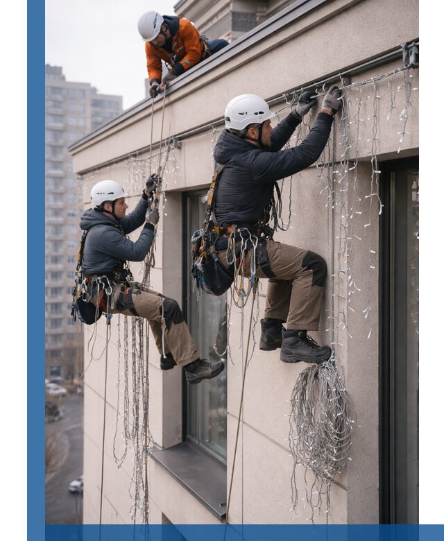 Монтаж праздничных гирлянд на фасаде в Ельце для зданий