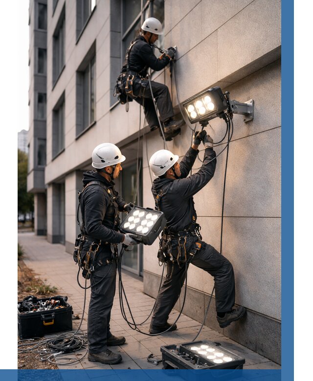 Монтаж прожекторов на фасаде в Ельце от 7701 р. | ВЫСОТНИК-Елц