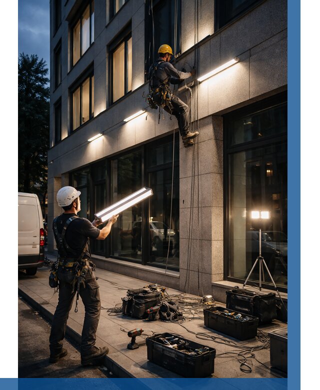 Монтаж архитектурной подсветки здания в Ельце от 2567 р.|ВЫСОТНИК-Елц