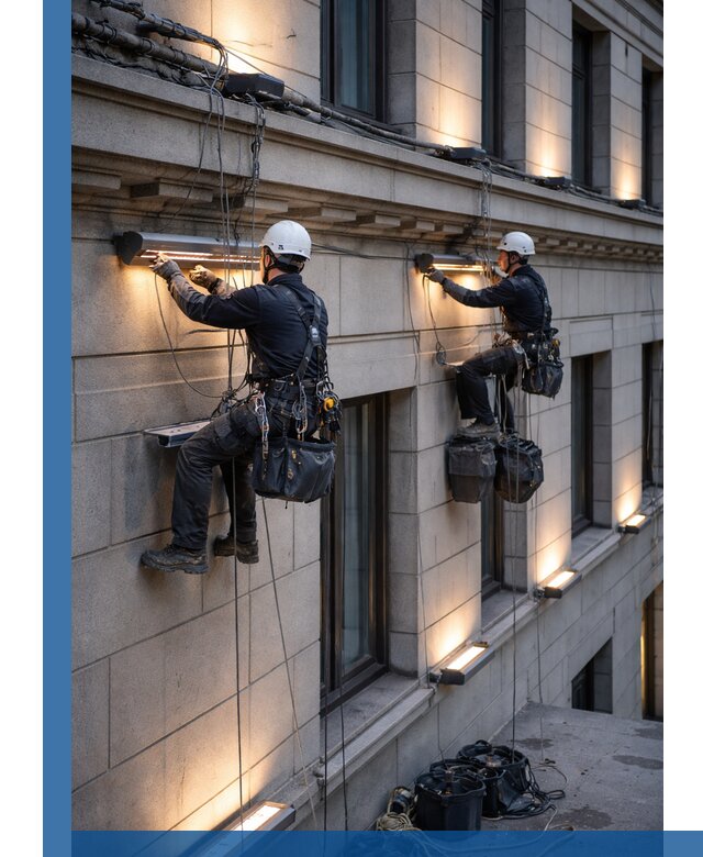 Монтаж архитектурной подсветки фасадов зданий в Ельце