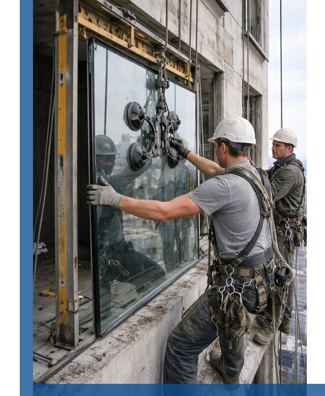 Монтаж стеклопакетов на высоте в Ельце с промышленным альпинизмом