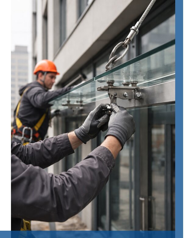 Монтаж стеклянных козырьков в Ельце от 8728 р. | ВЫСОТНИК-Елц