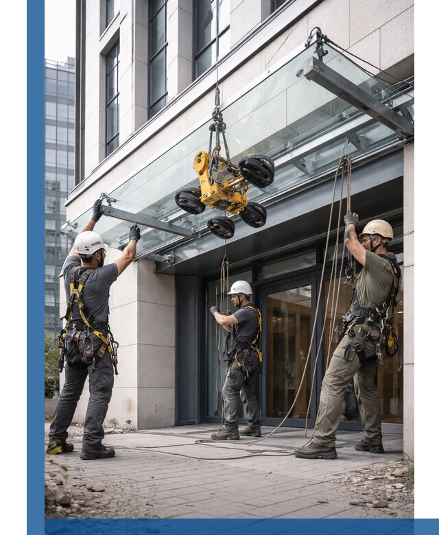 Монтаж стеклянных козырьков под ключ в Ельце для зданий