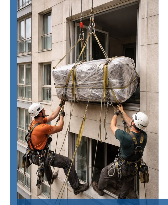 Подъем грузов через окно в Ельце промышленными альпинистами