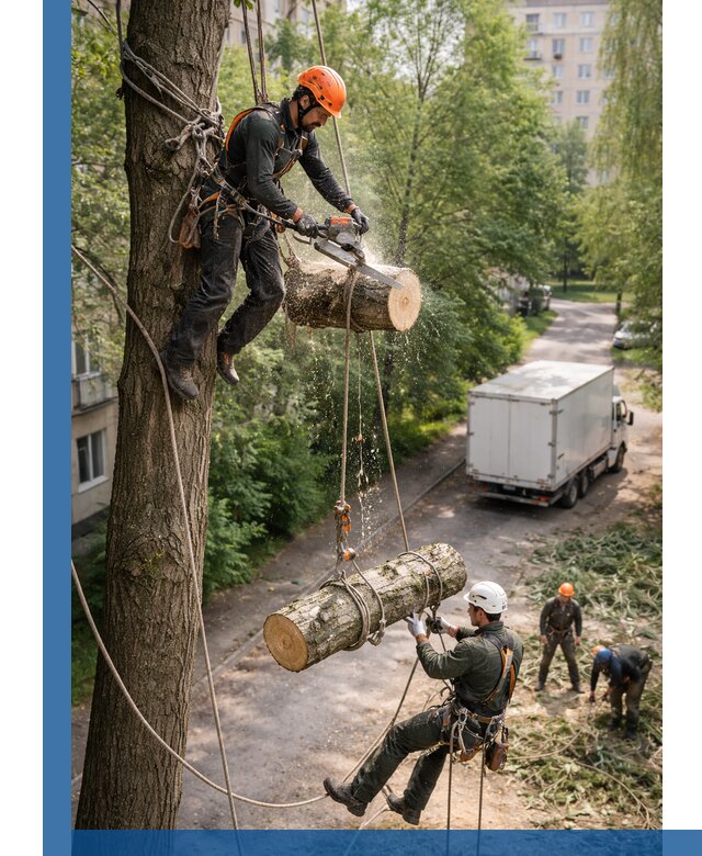 Спил деревьев альпинистами в Ельце, безопасно и без повреждений
