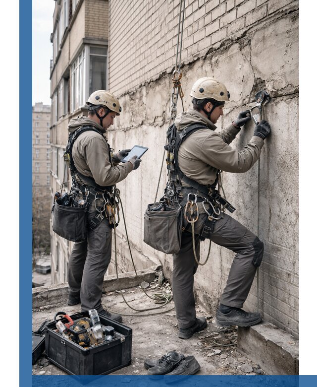 Обследование фасада промышленными альпинистами в Ельце